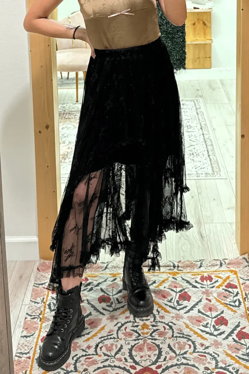 Black Lace Cascading Tiered High Waist Maxi Skirt Women - Love Salve